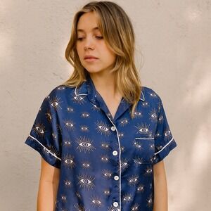 Kitty and Vibe Pajama Shirt Womens Small Button Up Eye Print‎ Top Pajama